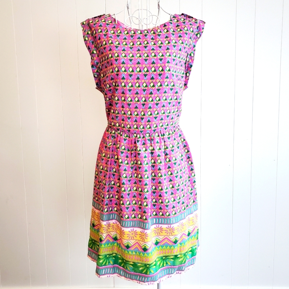 Pink Owl Aztec Abstract Print Skater Dress Fit and Flare Boho NWT Size L fits M